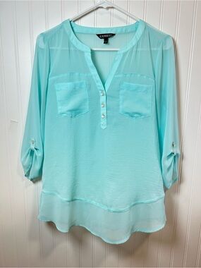 Express Women's Light Aqua Henley Blouse